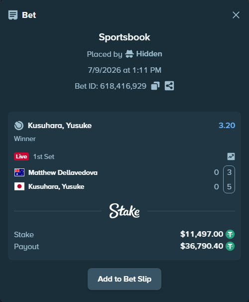 Bet slip: Matthew Dellavedova - Kusuhara, Yusuke, $11,508.50 stake at 3.20 odds, placed by Hidden