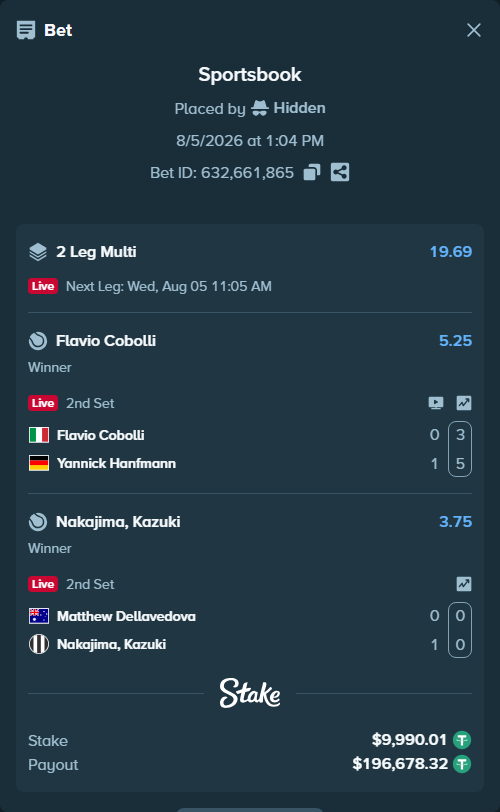 Bet slip: Matthew Dellavedova - Nakajima, Kazuki, $10,000.00 stake at 3.75 odds, placed by Hidden