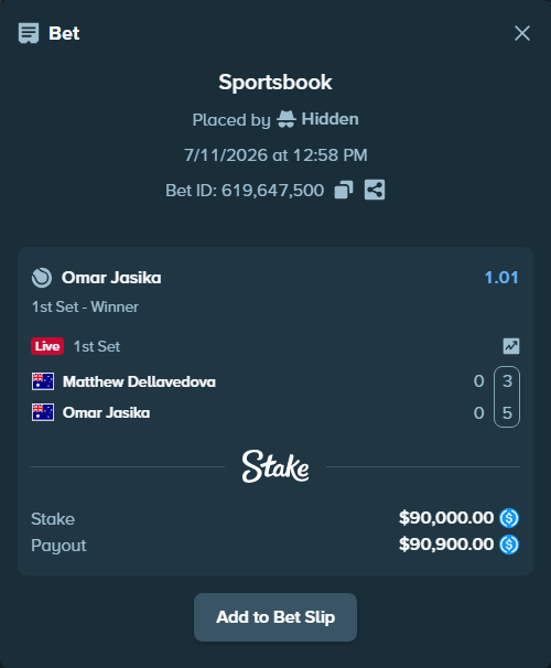 Bet slip: Matthew Dellavedova - Omar Jasika, $90,000.00 stake at 1.01 odds, placed by Hidden