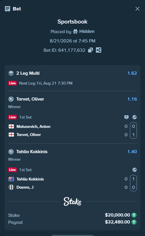 Bet slip: Matusevich, Anton - Tarvet, Oliver, $20,000.00 stake at 1.16 odds, placed by Hidden
