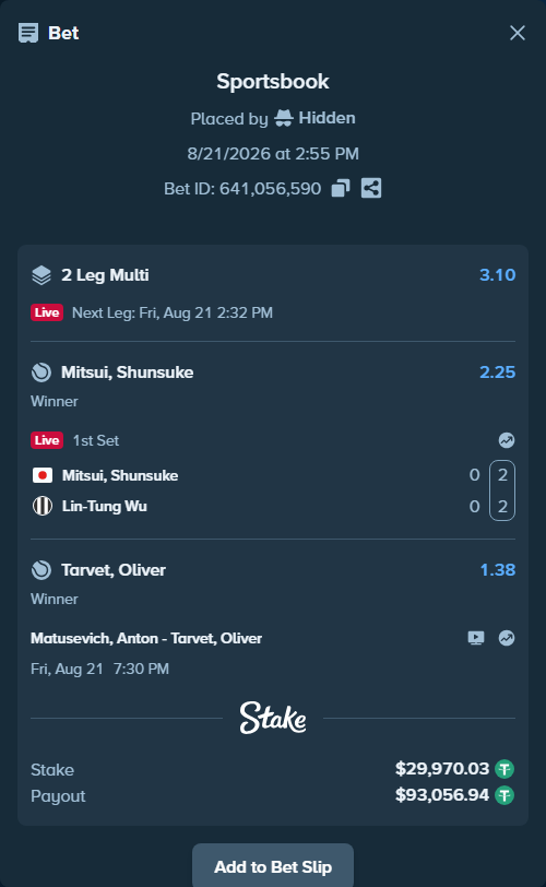 Bet slip: Matusevich, Anton - Tarvet, Oliver, $30,000.00 stake at 1.38 odds, placed by Hidden