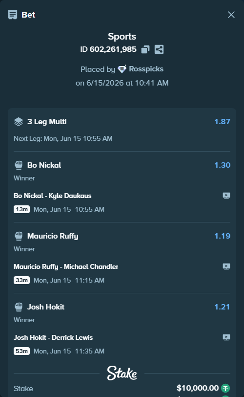 Bet slip: Mauricio Ruffy - Michael Chandler, $10,010.00 stake at 1.19 odds, placed by Rosspicks
