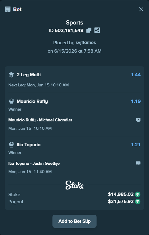 Bet slip: Mauricio Ruffy - Michael Chandler, $15,000.00 stake at 1.19 odds, placed by svjflames