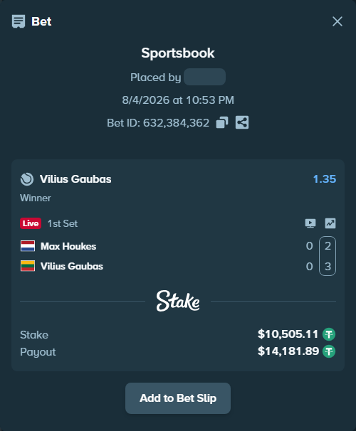 Bet slip: Max Houkes - Vilius Gaubas, $10,515.61 stake at 1.35 odds, placed by antoniku