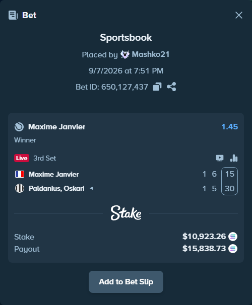 Bet slip: Maxime Janvier - Paldanius, Oskari, $10,937.45 stake at 1.45 odds, placed by Mashko21
