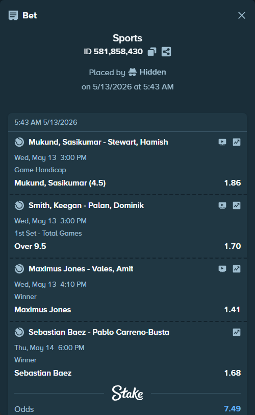 Bet slip: Maximus Jones - Vales, Amit, $10,000.00 stake at 1.41 odds, placed by Hidden