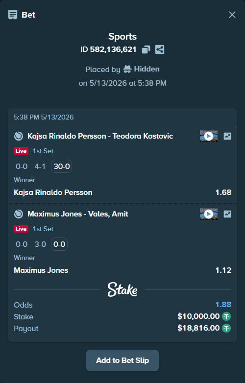 Bet slip: Maximus Jones - Vales, Amit, $10,000.00 stake at 1.12 odds, placed by Hidden