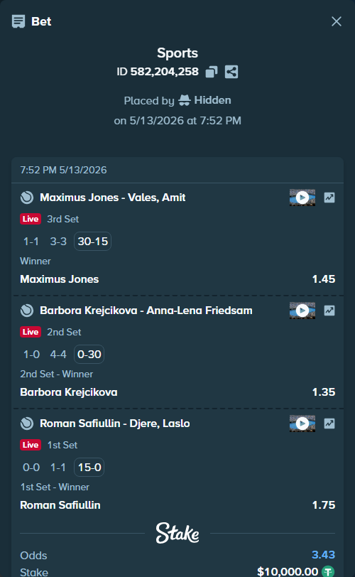 Bet slip: Maximus Jones - Vales, Amit, $10,000.00 stake at 1.45 odds, placed by Hidden