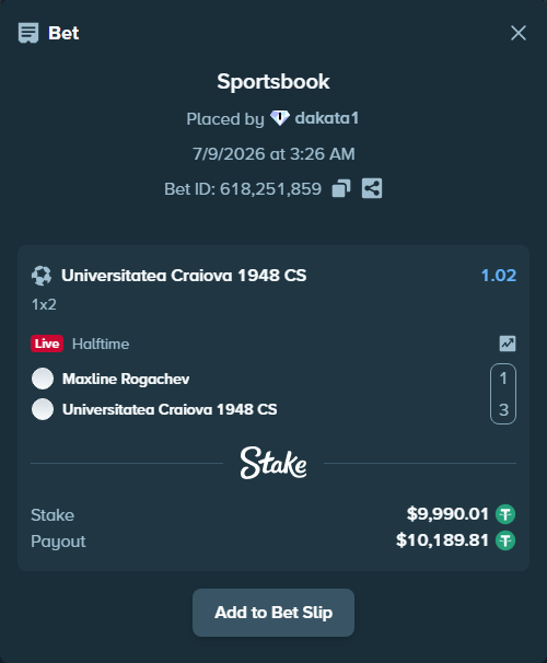 Bet slip: Maxline Vitebsk - CS Universitatea Craiova, $10,000.00 stake at 1.02 odds, placed by dakata1