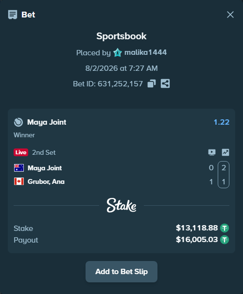 Bet slip: Maya Joint - Grubor, Ana, $13,132.00 stake at 1.22 odds, placed by malika1444