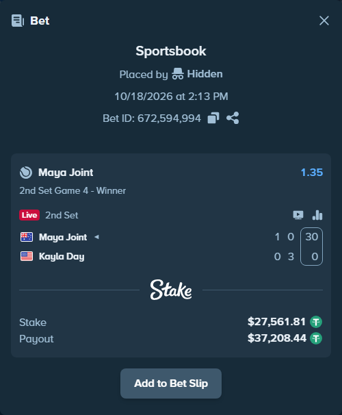 Bet slip: Maya Joint - Kayla Day, $27,589.37 stake at 1.35 odds, placed by Hidden