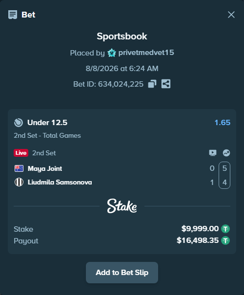 Bet slip: Maya Joint - Liudmila Samsonova, $10,009.00 stake at 1.65 odds, placed by privetmedvet15