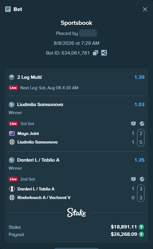 Bet slip: Maya Joint - Liudmila Samsonova, $18,910.00 stake at 1.03 odds, placed by antoniku