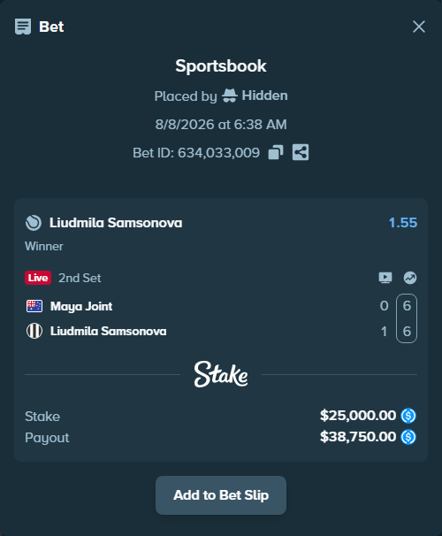Bet slip: Maya Joint - Liudmila Samsonova, $25,000.00 stake at 1.55 odds, placed by Hidden