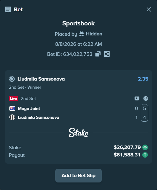 Bet slip: Maya Joint - Liudmila Samsonova, $26,234.00 stake at 2.35 odds, placed by Hidden