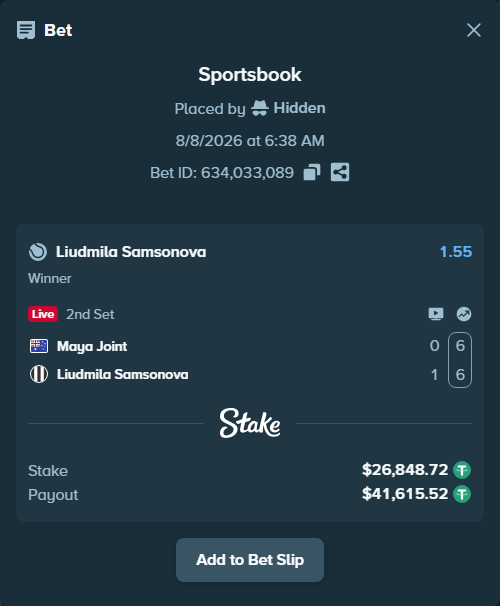 Bet slip: Maya Joint - Liudmila Samsonova, $26,875.57 stake at 1.55 odds, placed by Hidden