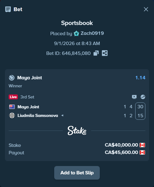 Bet slip: Maya Joint - Liudmila Samsonova, $29,600.00 stake at 1.14 odds, placed by Zach0919