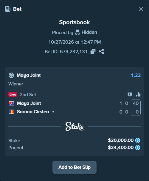 Bet slip: Maya Joint - Sorana Cirstea, $20,000.00 stake at 1.22 odds, placed by Hidden