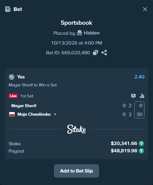 Bet slip: Mayar Sherif - Maja Chwalinska, $20,362.00 stake at 2.40 odds, placed by Hidden