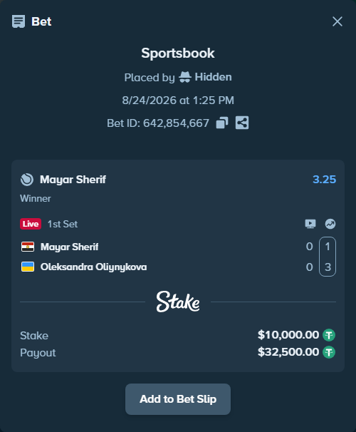 Bet slip: Mayar Sherif - Oleksandra Oliynykova, $10,000.00 stake at 3.25 odds, placed by Hidden