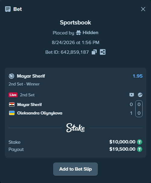 Bet slip: Mayar Sherif - Oleksandra Oliynykova, $10,000.00 stake at 1.95 odds, placed by Hidden