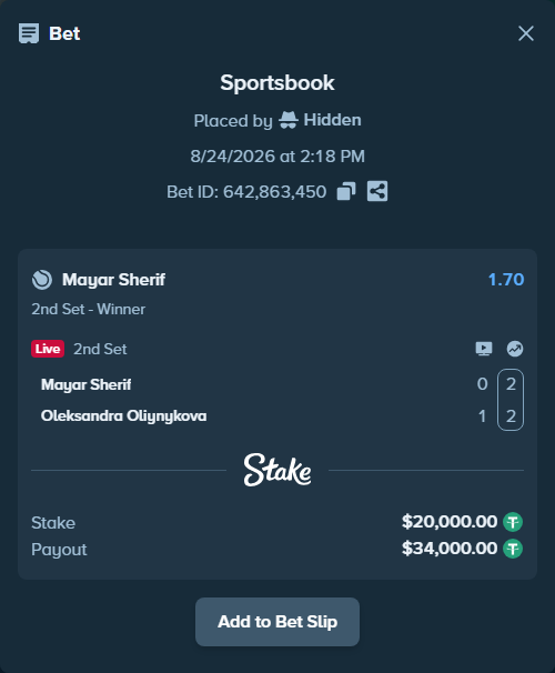 Bet slip: Mayar Sherif - Oleksandra Oliynykova, $20,000.00 stake at 1.70 odds, placed by Hidden