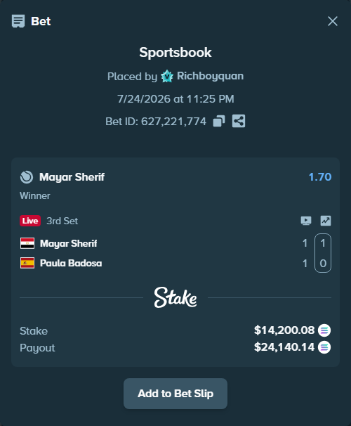 Bet slip: Mayar Sherif - Paula Badosa, $13,889.65 stake at 1.70 odds, placed by Richboyquan