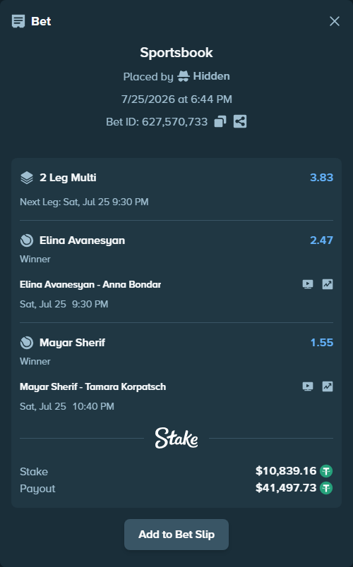 Bet slip: Mayar Sherif - Tamara Korpatsch, $10,850.00 stake at 1.55 odds, placed by Hidden