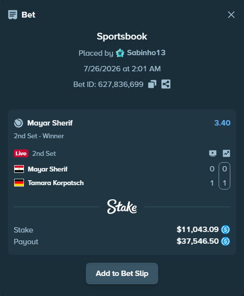 Bet slip: Mayar Sherif - Tamara Korpatsch, $11,043.09 stake at 3.40 odds, placed by Sabinho13