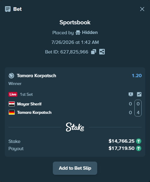 Bet slip: Mayar Sherif - Tamara Korpatsch, $14,766.25 stake at 1.20 odds, placed by Hidden