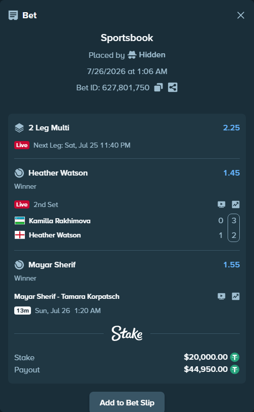 Bet slip: Mayar Sherif - Tamara Korpatsch, $20,000.00 stake at 1.55 odds, placed by Hidden