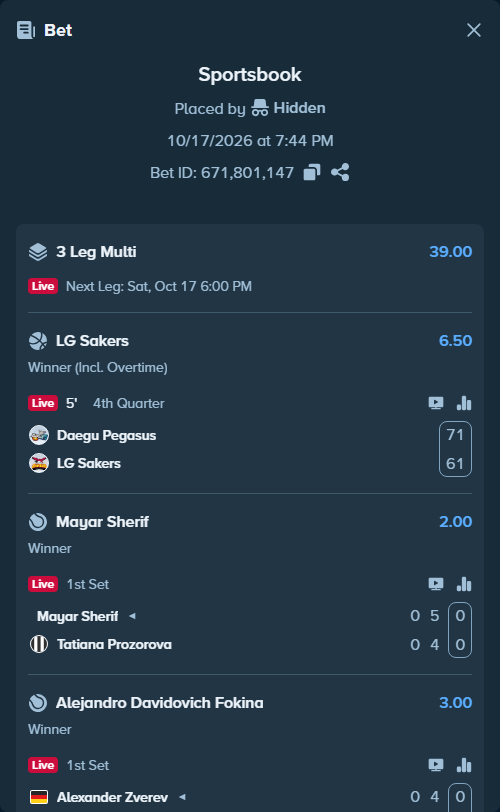 Bet slip: Mayar Sherif - Tatiana Prozorova, $10,000.00 stake at 2.00 odds, placed by Hidden