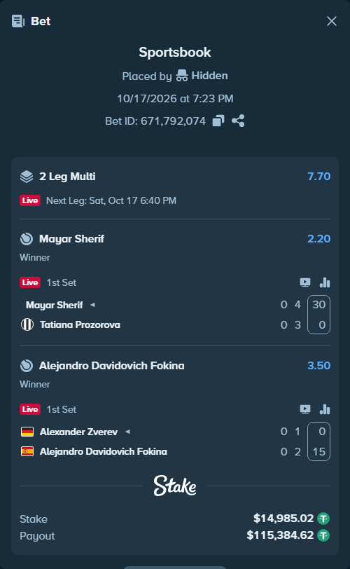 Bet slip: Mayar Sherif - Tatiana Prozorova, $15,000.00 stake at 2.20 odds, placed by Hidden