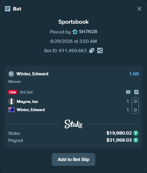 Bet slip: Mayew, Ian - Winter, Edward, $20,000.00 stake at 1.60 odds, placed by SH7N28