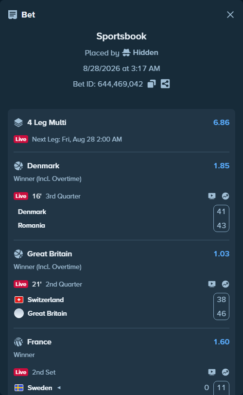 Bet slip: Mayo, Aidan - Martin, Andres, $10,000.00 stake at 2.25 odds, placed by Hidden