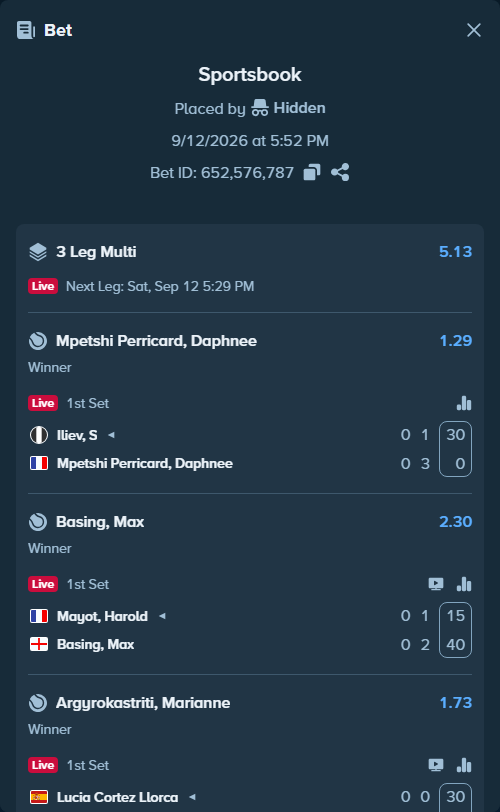 Bet slip: Mayot, Harold - Basing, Max, $10,000.00 stake at 2.30 odds, placed by Hidden