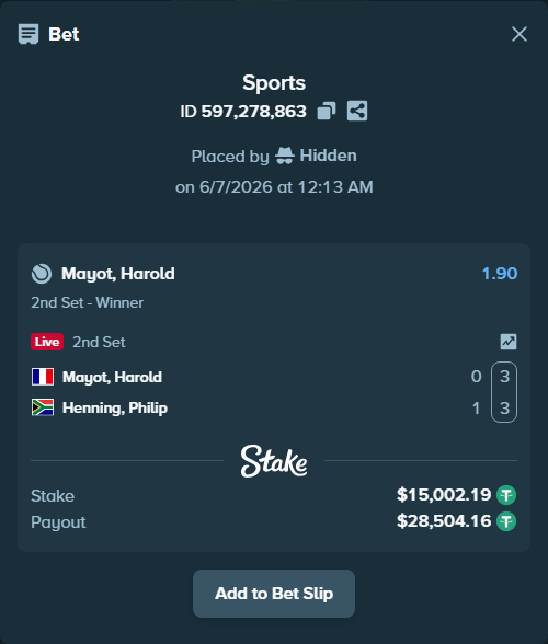 Bet slip: Mayot, Harold - Henning, Philip, $15,002.19 stake at 1.90 odds, placed by Hidden
