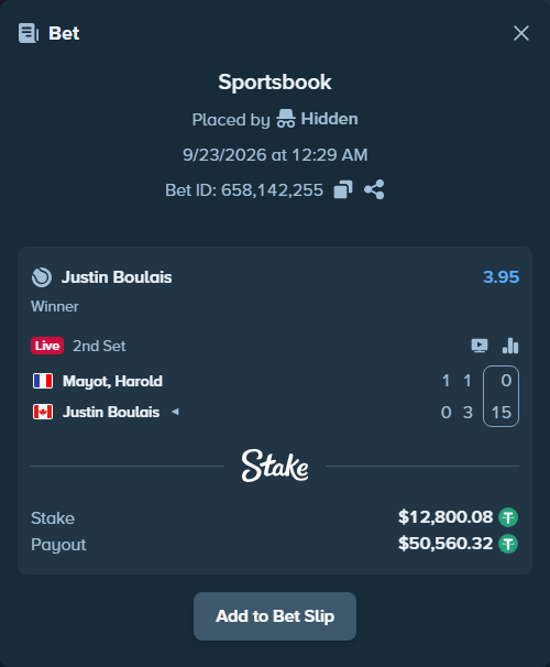 Bet slip: Mayot, Harold - Justin Boulais, $12,800.08 stake at 3.95 odds, placed by Hidden
