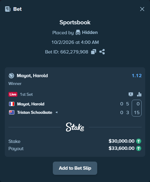 Bet slip: Mayot, Harold - Tristan Schoolkate, $30,000.00 stake at 1.12 odds, placed by nandonzr