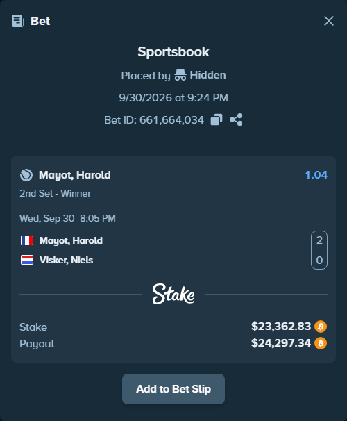 Bet slip: Mayot, Harold - Visker, Niels, $23,792.92 stake at 1.04 odds, placed by hungrybox