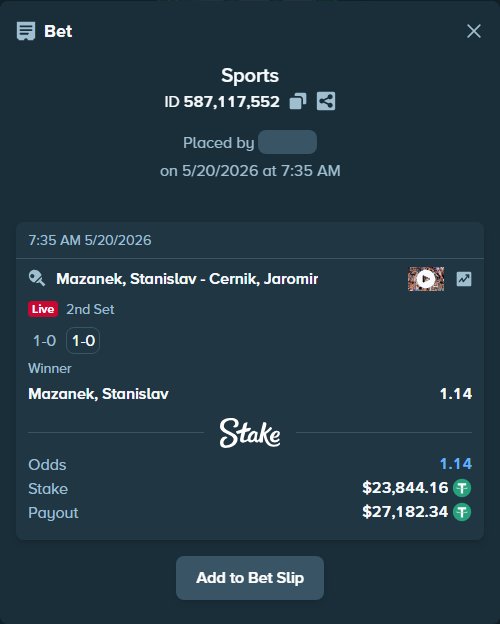 Bet slip: Mazanek, Stanislav - Cernik, Jaromir, $23,868.00 stake at 1.14 odds, placed by DooDLeZ1love