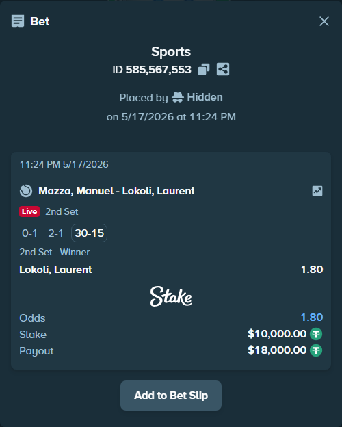 Bet slip: Mazza, Manuel - Lokoli, Laurent, $10,000.00 stake at 1.80 odds, placed by Hidden