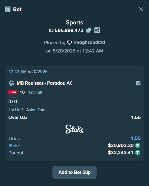 Bet slip: MB Rouissat - Paradou AC, $20,823.00 stake at 1.55 odds, placed by rmaghsdudthd