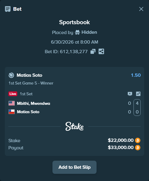 Bet slip: Mbithi, Mwendwa - Matias Soto, $23,462.82 stake at 1.50 odds, placed by Hidden