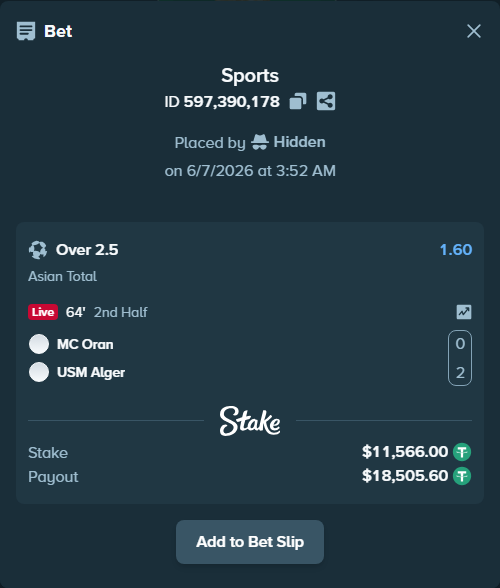 Bet slip: MC Oran - USM Alger, $11,566.00 stake at 1.60 odds, placed by Hidden