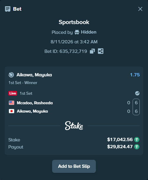 Bet slip: McAdoo, Rasheeda - Aikawa, Mayuka, $17,059.60 stake at 1.75 odds, placed by Hidden