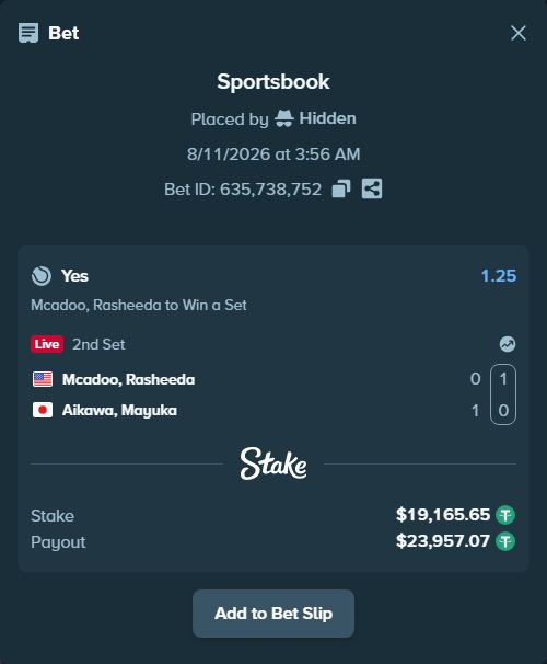 Bet slip: McAdoo, Rasheeda - Aikawa, Mayuka, $19,184.82 stake at 1.25 odds, placed by Hidden