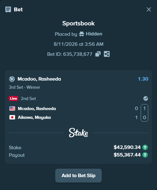 Bet slip: McAdoo, Rasheeda - Aikawa, Mayuka, $42,632.93 stake at 1.30 odds, placed by Hidden