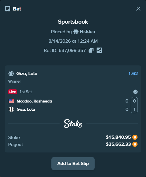Bet slip: McAdoo, Rasheeda - Giza, Lola, $15,755.97 stake at 1.62 odds, placed by Hidden