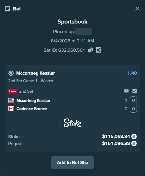 Bet slip: Mccartney Kessler - Cadence Brance, $113,640.29 stake at 1.40 odds, placed by Prettylfacko98